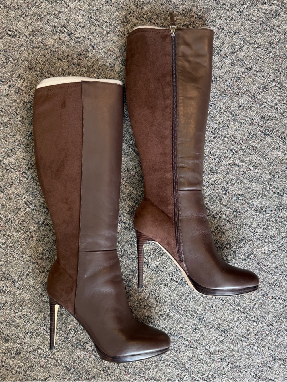 Nine West Quizme Knee High Platform Brown Leather & Suede Stiletto Heeled Boots
